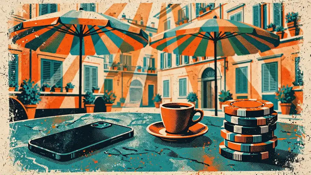 Smartphone appoggiato su tavolino di caffè italiano con fiches da casinò e tazzina di espresso