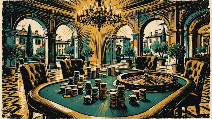 Tavolo da gioco elegante con alte pile di fiches e ruota della roulette in ambiente lussuoso italiano