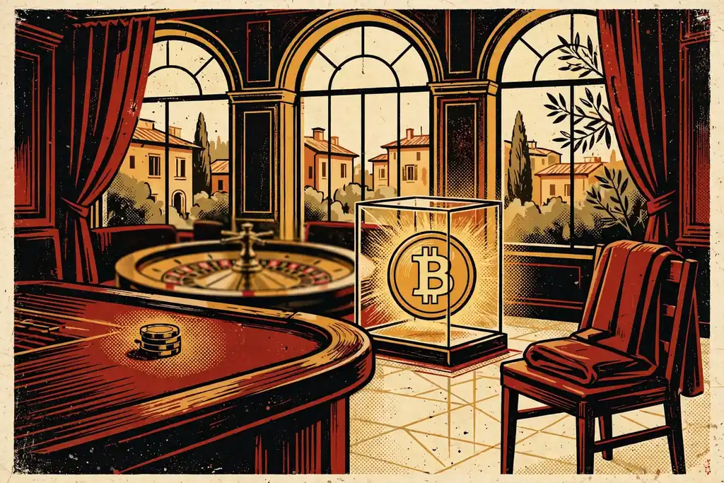 Tavolo da casinò elegante con chip e ruota della roulette accanto a un token Bitcoin dorato in vetrina.