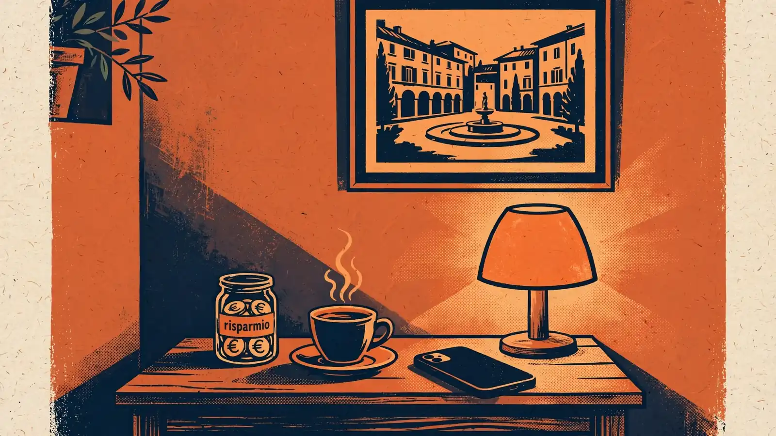 Soggiorno italiano con barattolo di monete, espresso e smartphone sul tavolino.
