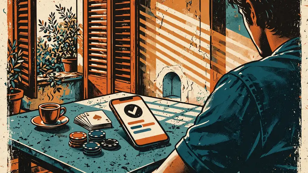 Interno di appartamento italiano con smartphone per bonifico, fiches e caffè sul tavolo