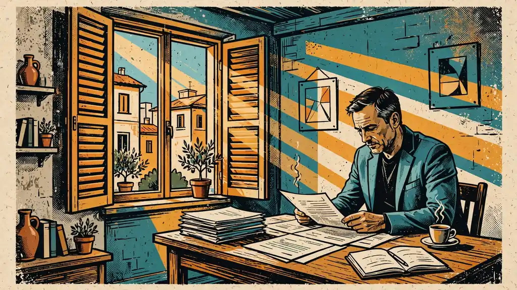 Professionista italiano esamina documenti alla scrivania in un ufficio luminoso