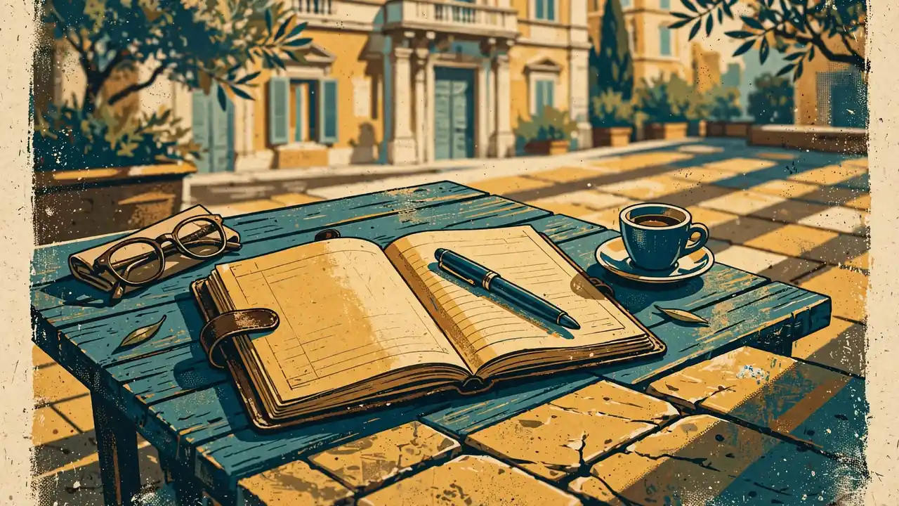 Tavolino italiano con taccuino, penna e tazzina di caffè in piazza assolata.