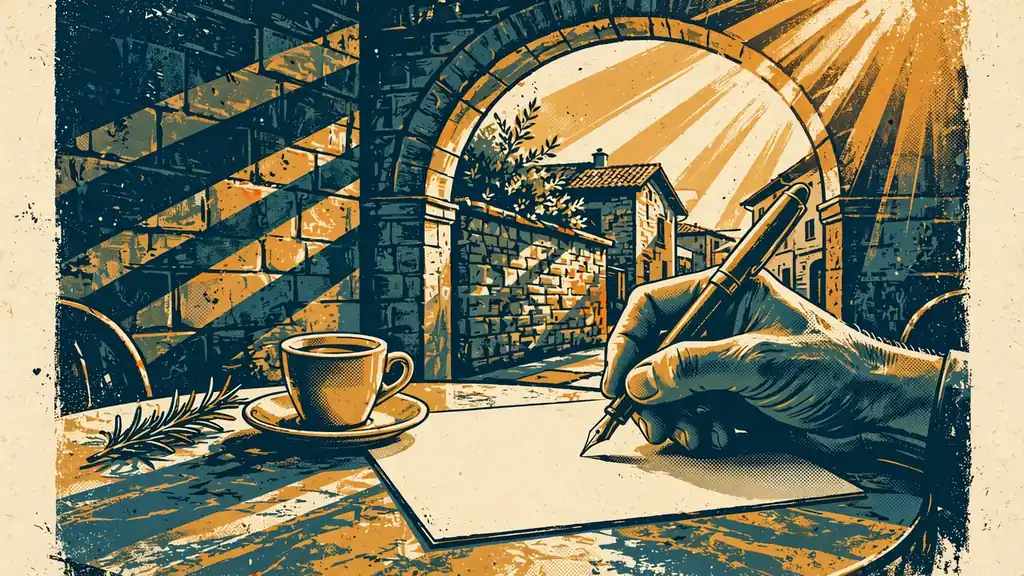 Mano che scrive una lettera in un caffè italiano con luce pomeridiana