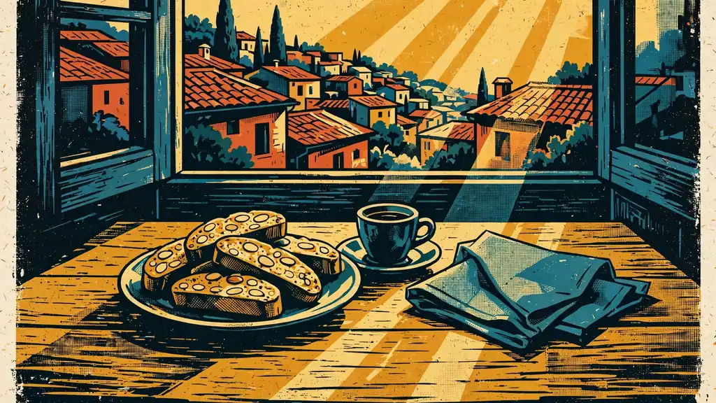 Tavolo di un caffè italiano con biscotti alle mandorle e caffè espresso