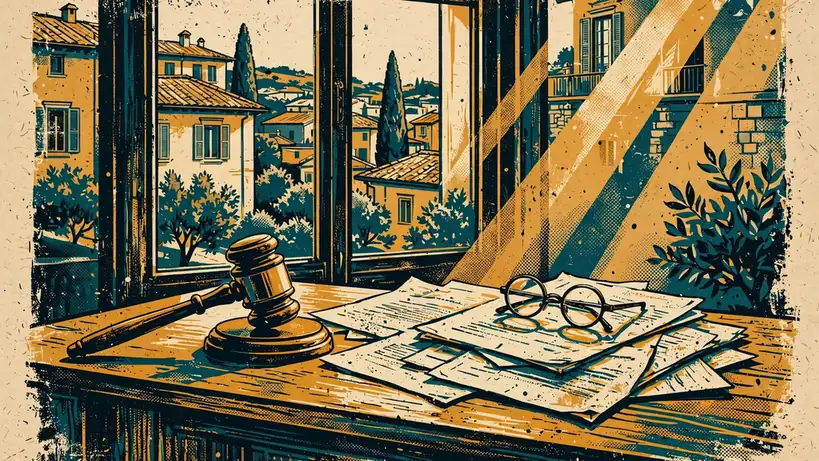 Martelletto di legno su banco di tribunale con documenti legali e occhiali.