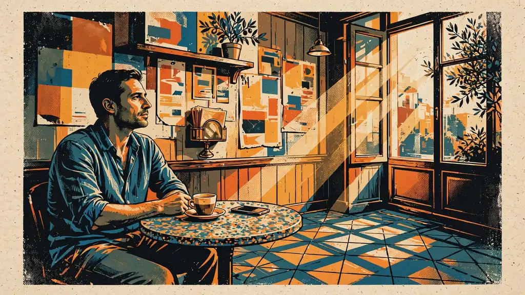 Un uomo seduto da solo in un bar italiano tradizionale, riflessivo accanto a un caffè con il telefono rovesciato sul tavolo.