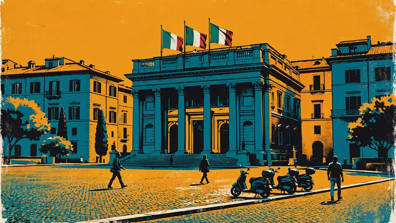 Palazzo istituzionale italiano con colonne e bandiere in una piazza assolata.