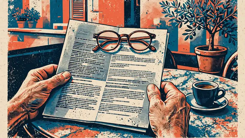 Mani che tengono un contratto stampato con occhiali da lettura sul tavolo.