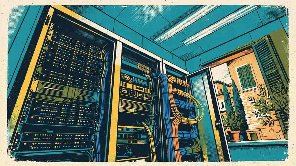 Rack di server aperto con cavi colorati e spie luminose in sala tecnica.