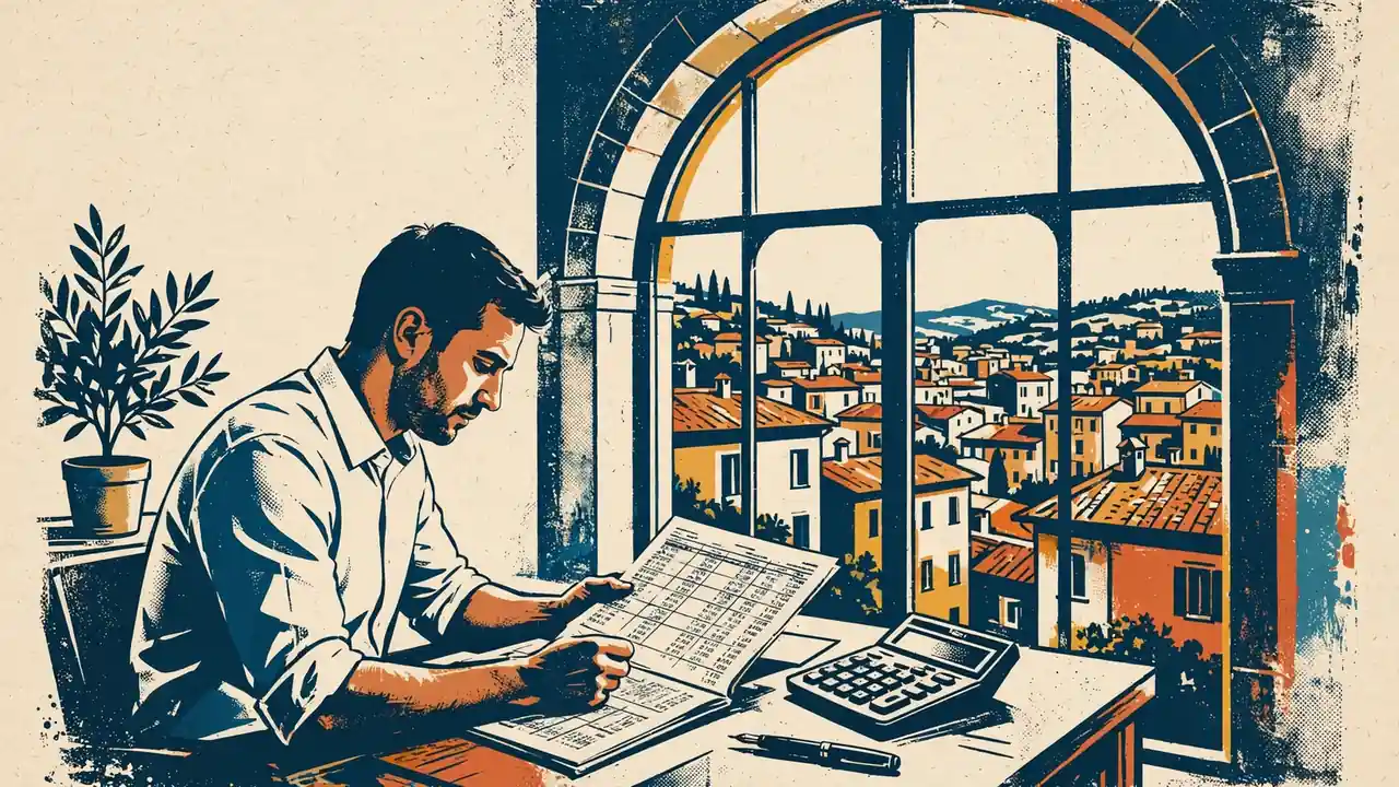 Analista finanziario esamina un registro contabile in ufficio luminoso.