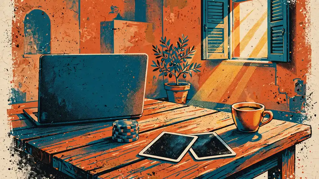 Tavolo in stile italiano con laptop chiuso, fiches da gioco e tazzina di caffè